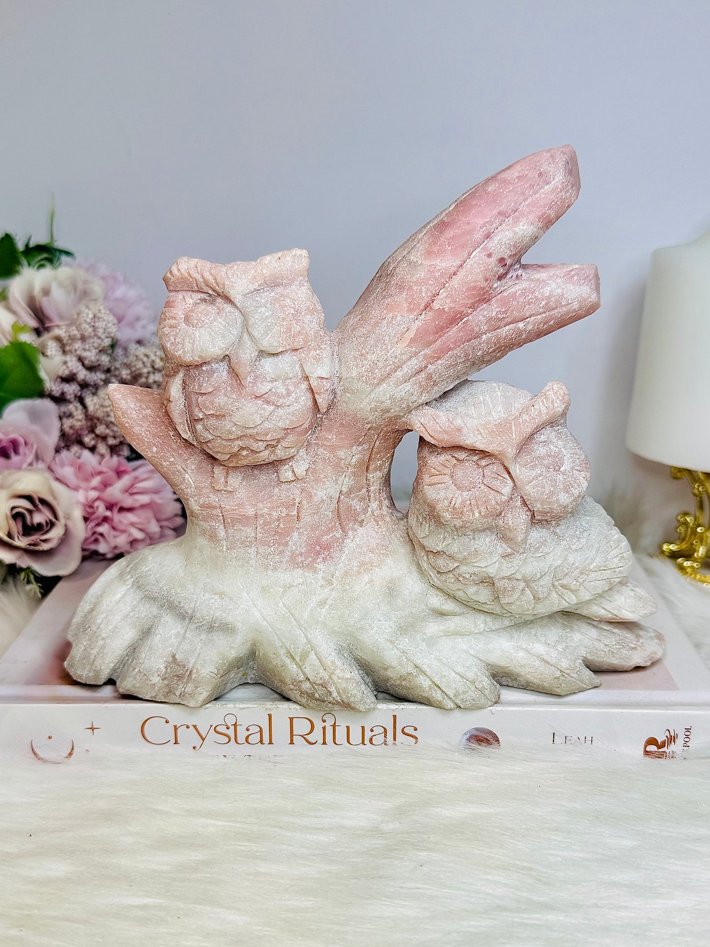 ✨ SALE ✨ Incredibly Carved Huge Pink Opal Owls 17.5cm 1.36KG