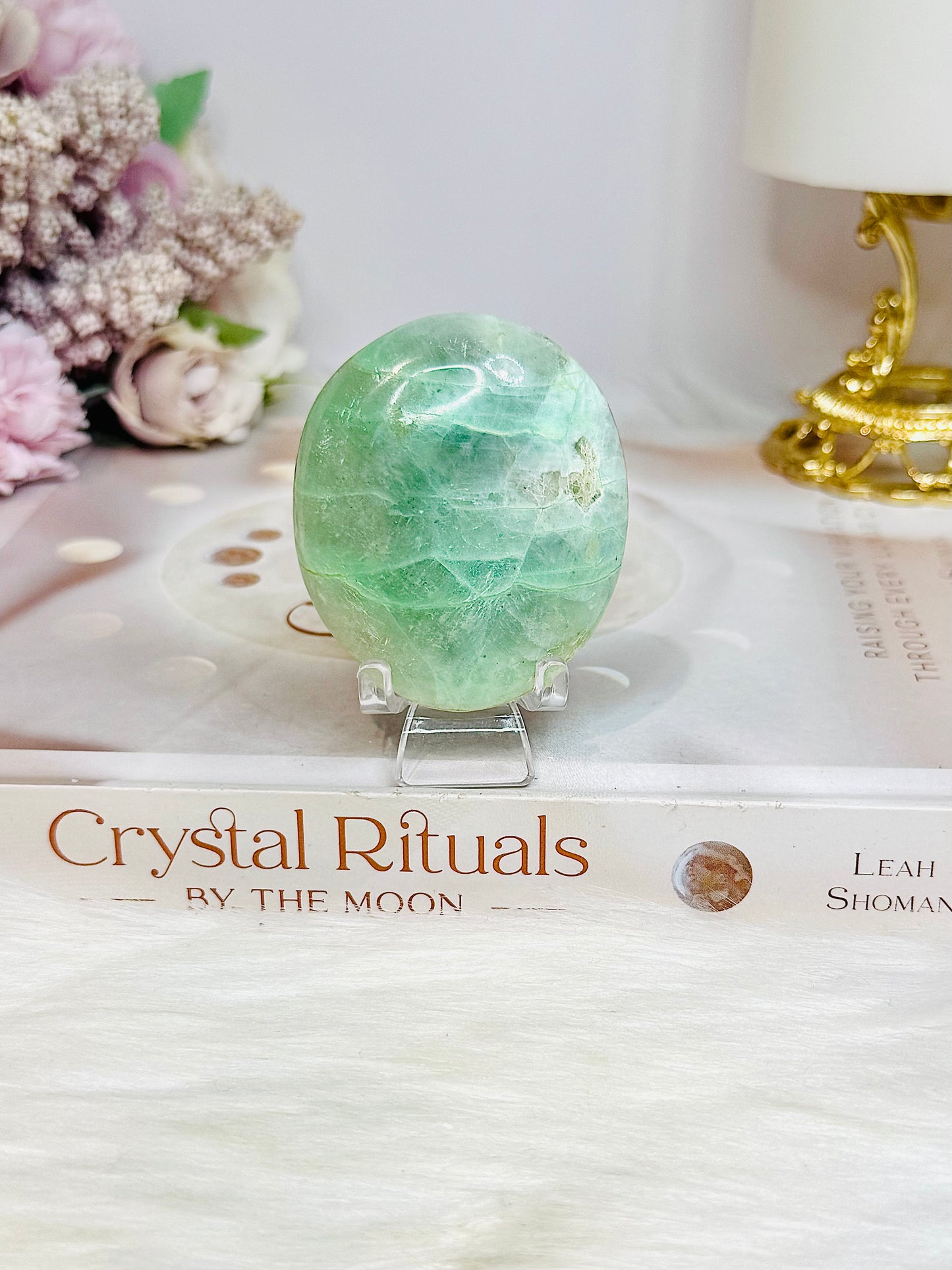 Green Moonstone Palm Stone (stand is display only)