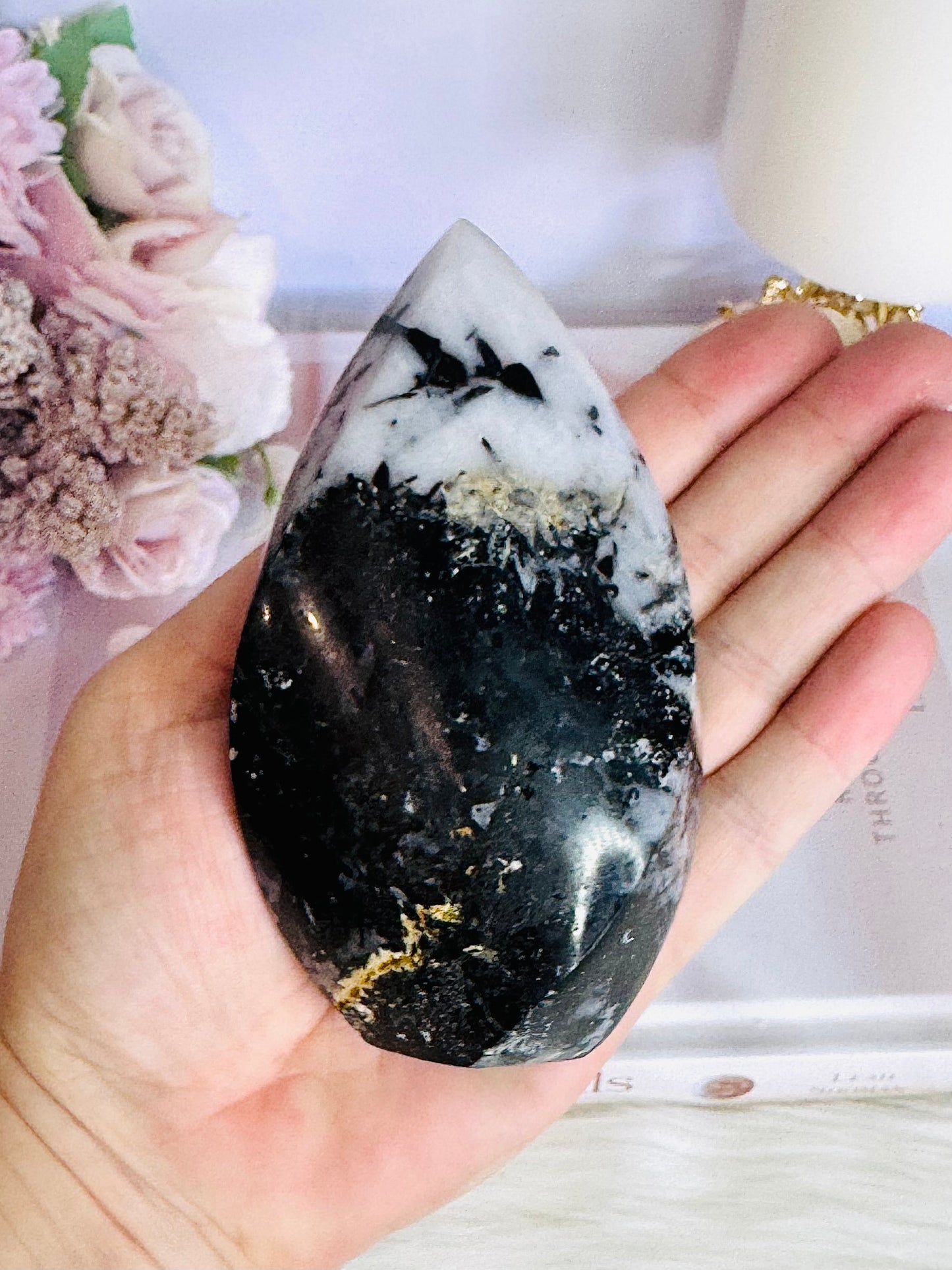 Incredible Large Natural Black Tourmaline In Quartz Carved Flame | Freeform 11.5cm