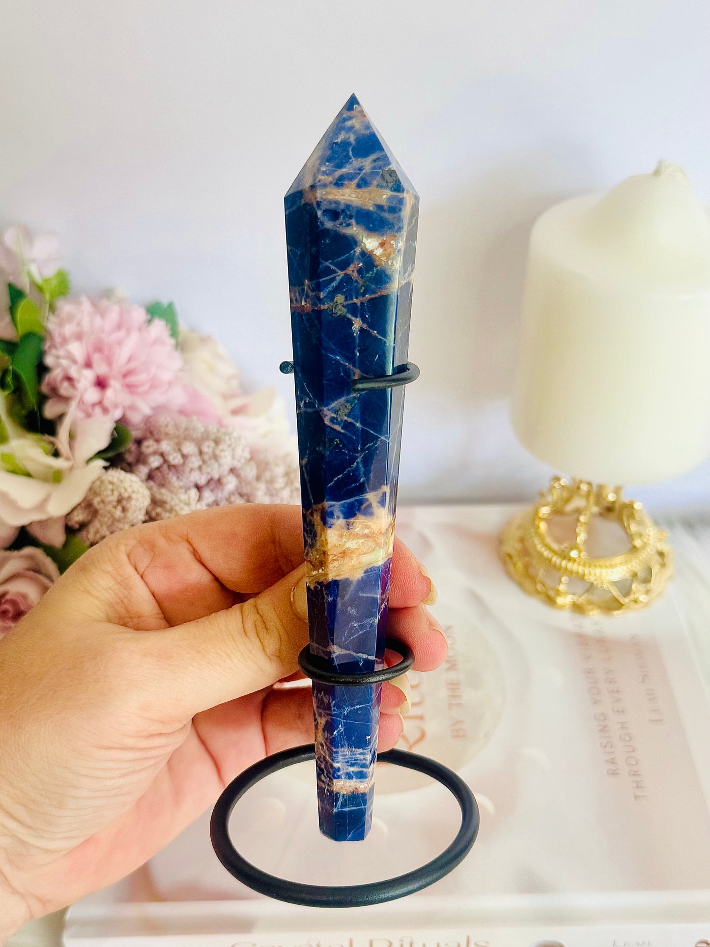 Sodalite Carved Wand | Tower on Stand 17cm