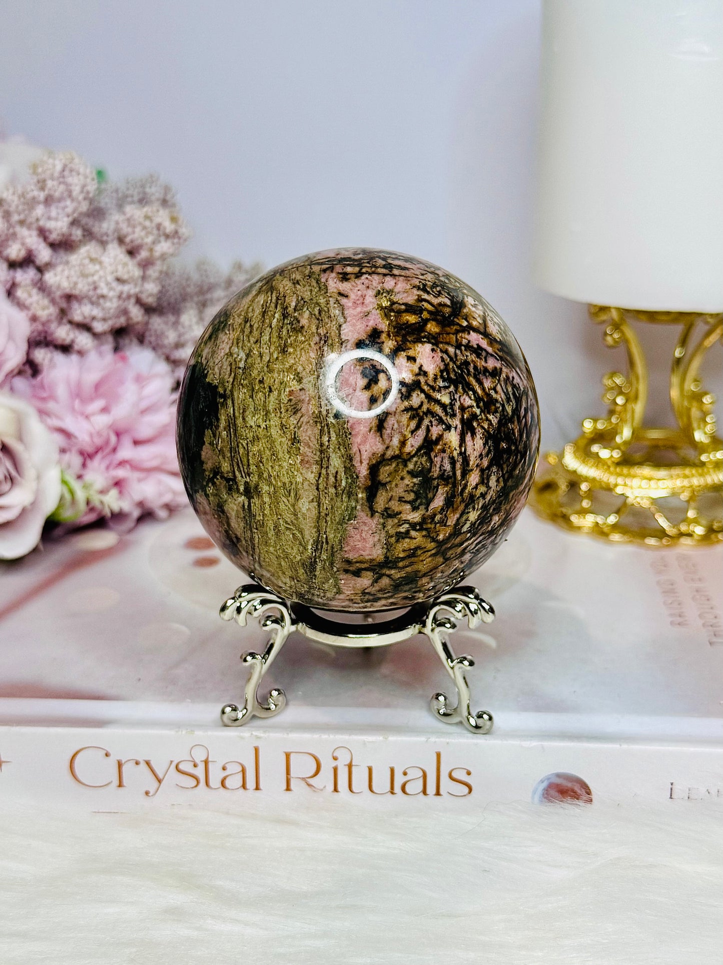Large Rhodonite Sphere 561g On Stand
