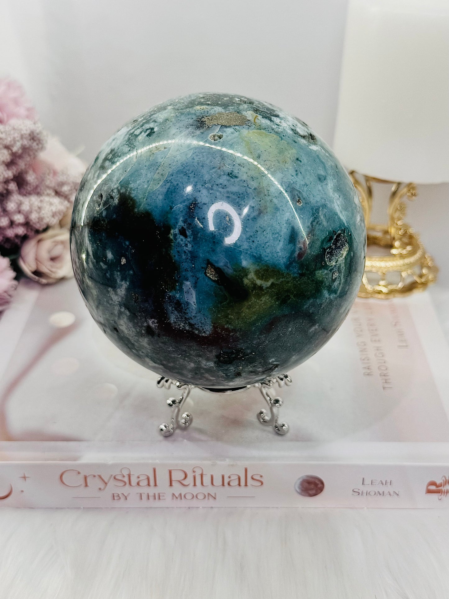 Divine Huge 1.43KG Natural Ocean Jasper Druzy Sphere On Stand