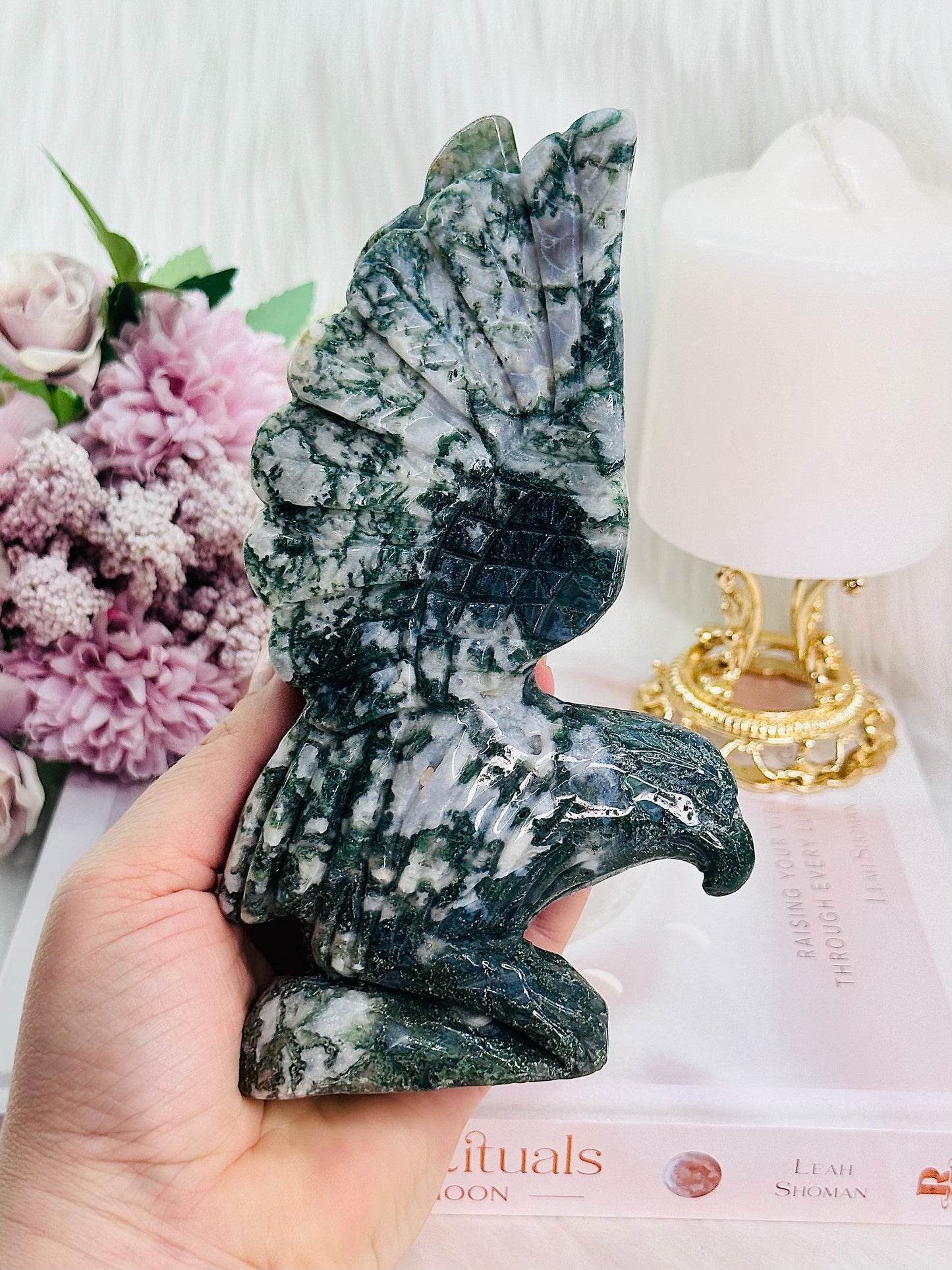 Peace & Tranquility ~ Absolutely Perfection! Large 18cm Moss Agate Carved Eagle