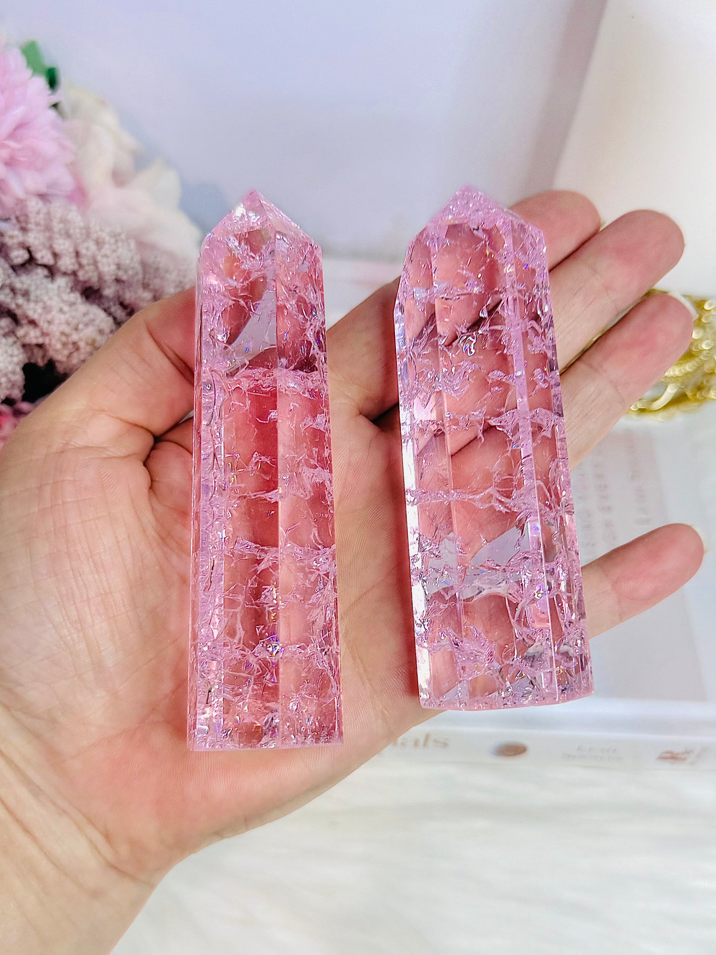 So Pretty!! Pink (dyed) Crackle Quartz Towers 11cm $40 each