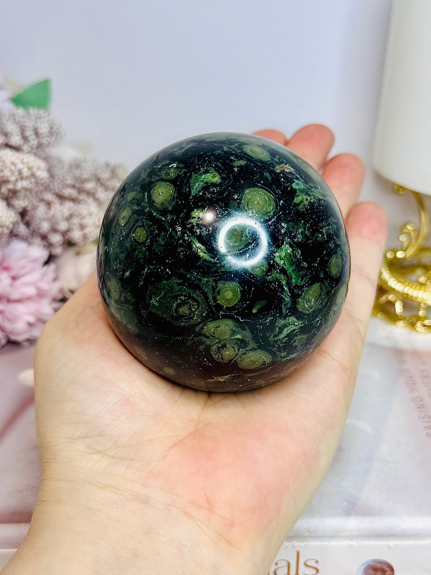 Large Green Kambaba Jasper Sphere on Stand 486g