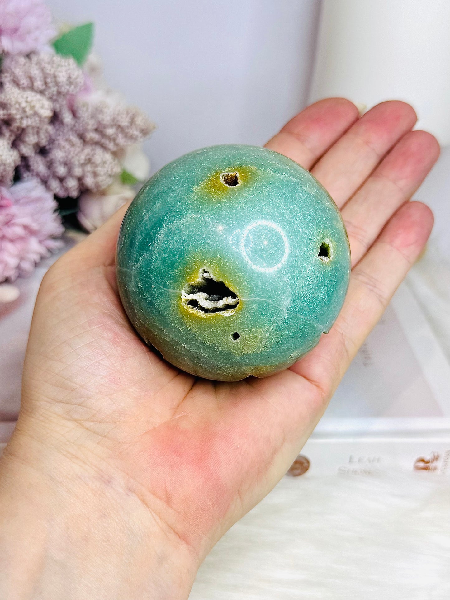 Druzy Sky Blue Quartz Sphere with Imperfections (chip) on Stand 360g