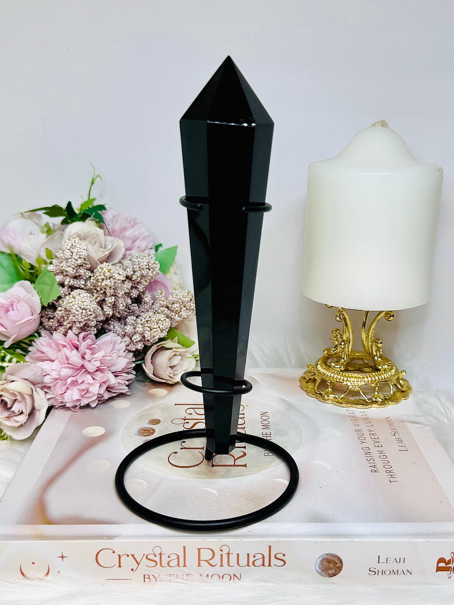 Large Black Obsidian Wand | Tower 18cm On Stand