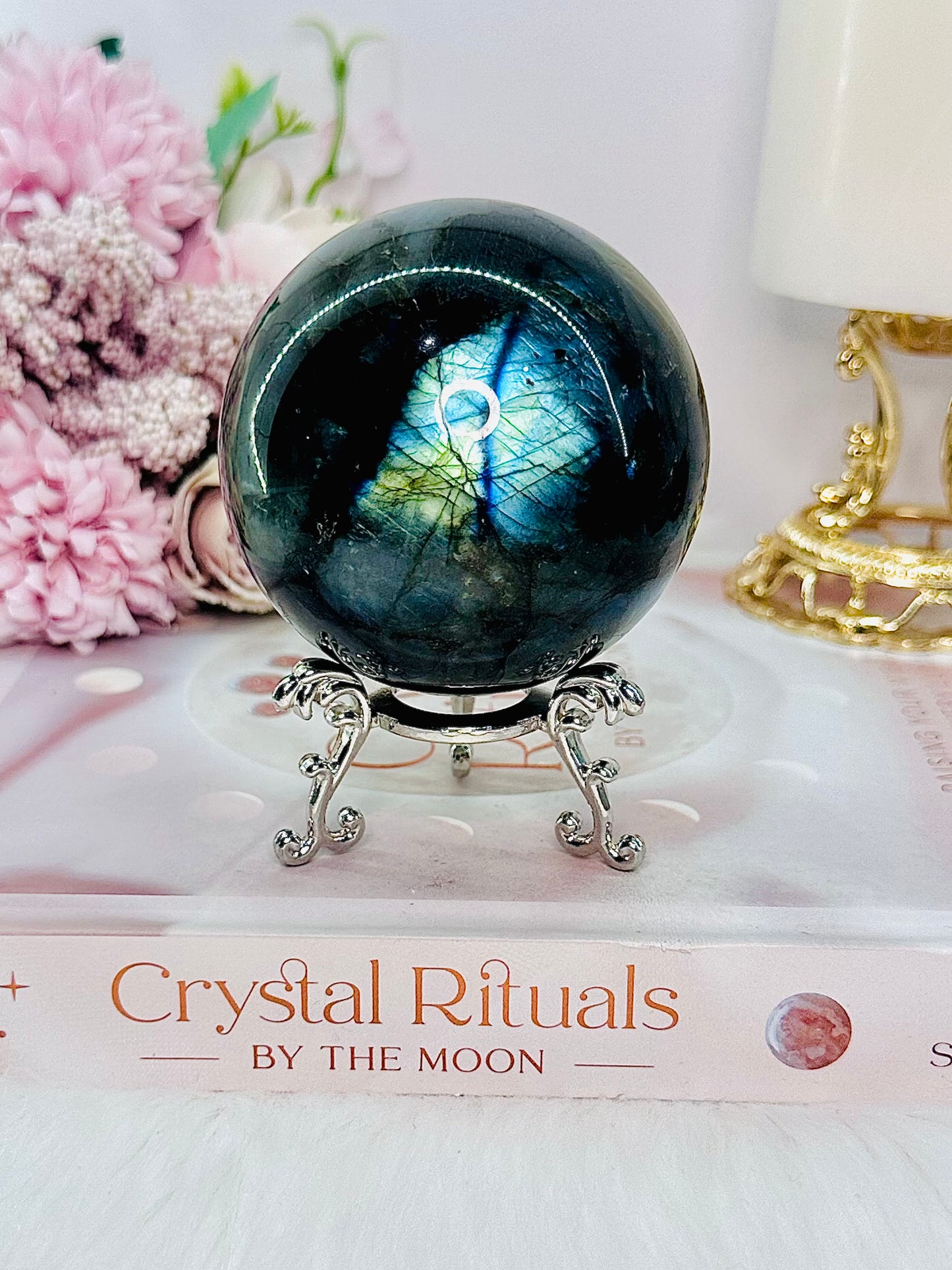 Gorgeous Large 439gram Labradorite Sphere On Stand with Stunning Blue Flash