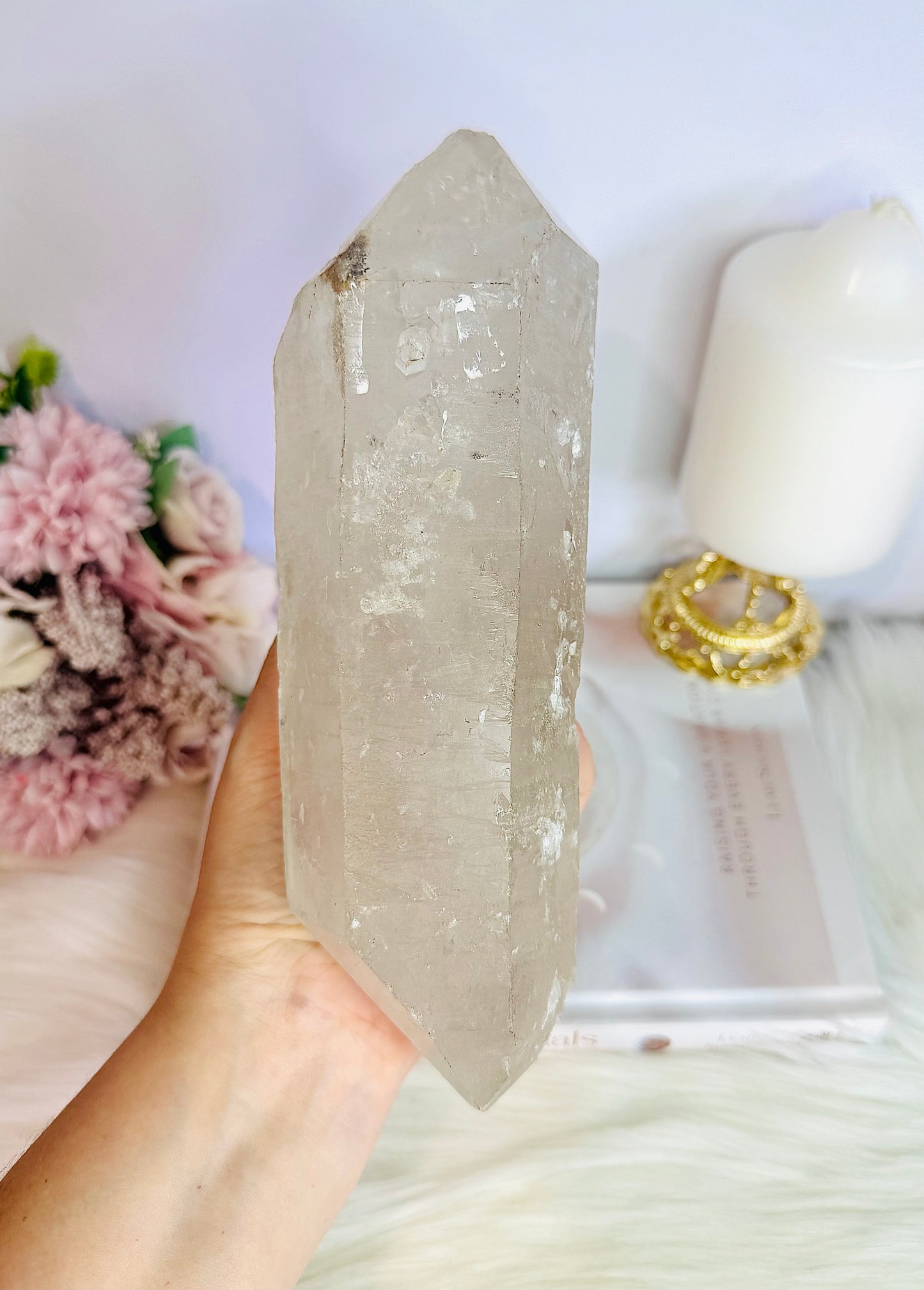 Huge Stunning 1.39KG Natural Lemurian Quartz Chunky Double Terminated Point | Tower On Stand From Brazil