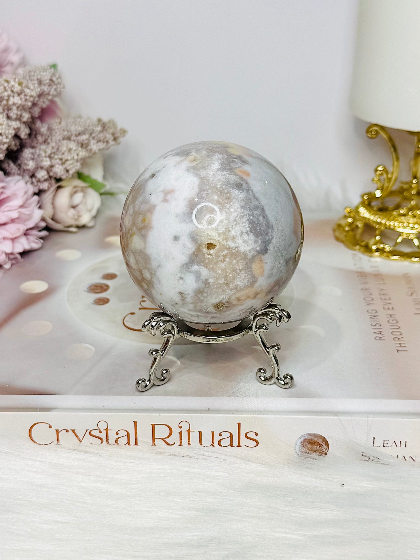 Large Flower Agate Sphere on Stand 319g