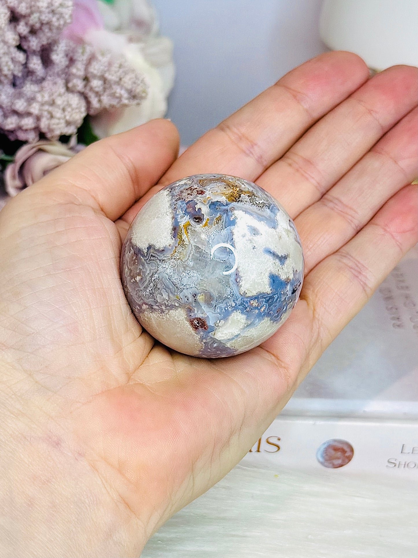 Rare Blue Flower Agate Sphere on Stand 152g