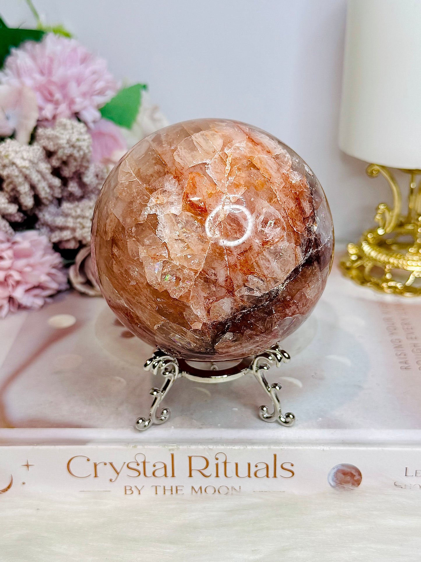 High Grade Large Fire Quartz | Hematoid Quartz Sphere with Rainbows on Stand 725g