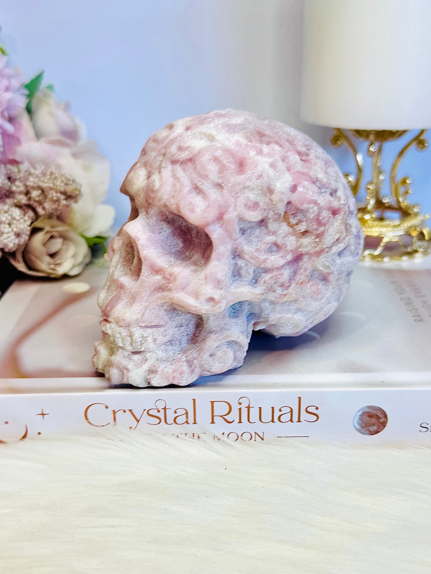 Incredible Large Perfectly Carved Pink Opal Patterned Skull 10cm 772grams