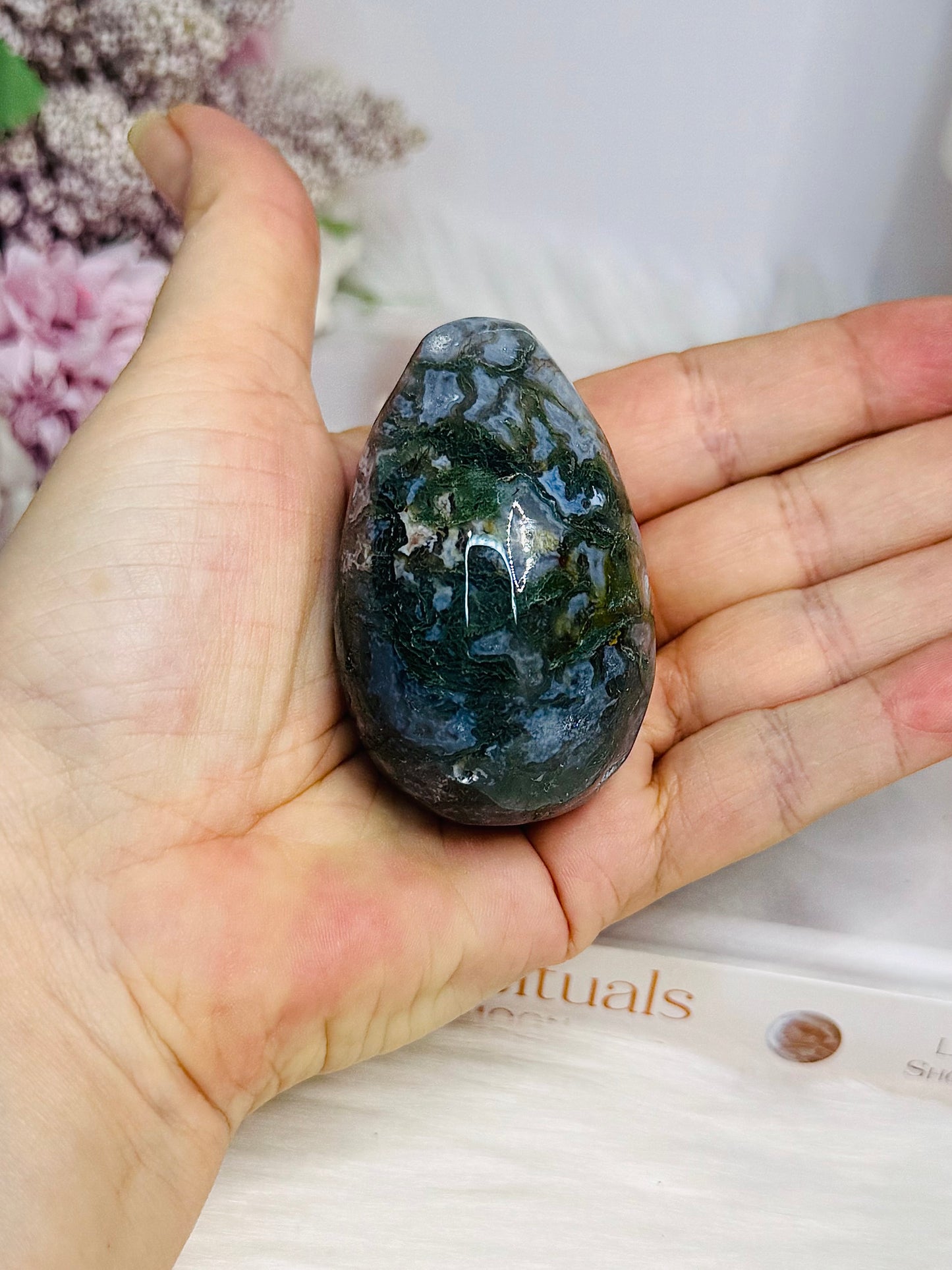 Moss Agate Druzy Egg On Stand 6.5cm