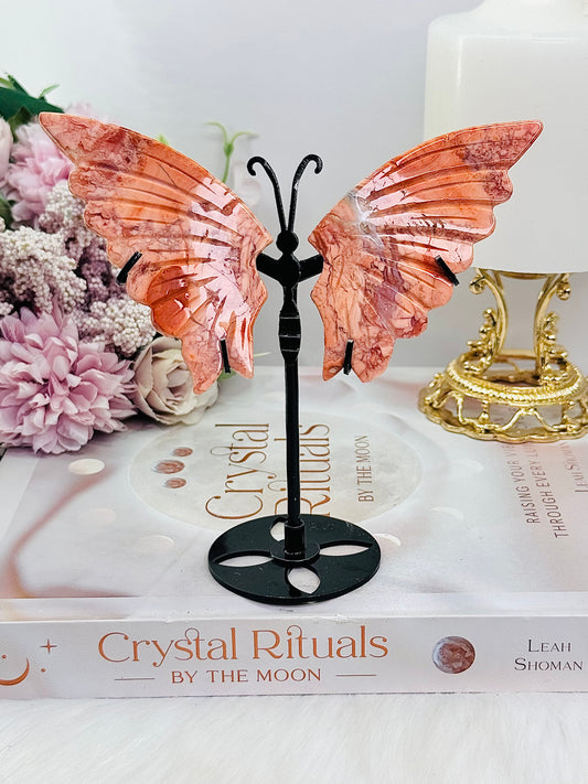 Gorgeous 13cm Pink Agate Butterfly Wings On Black Stand