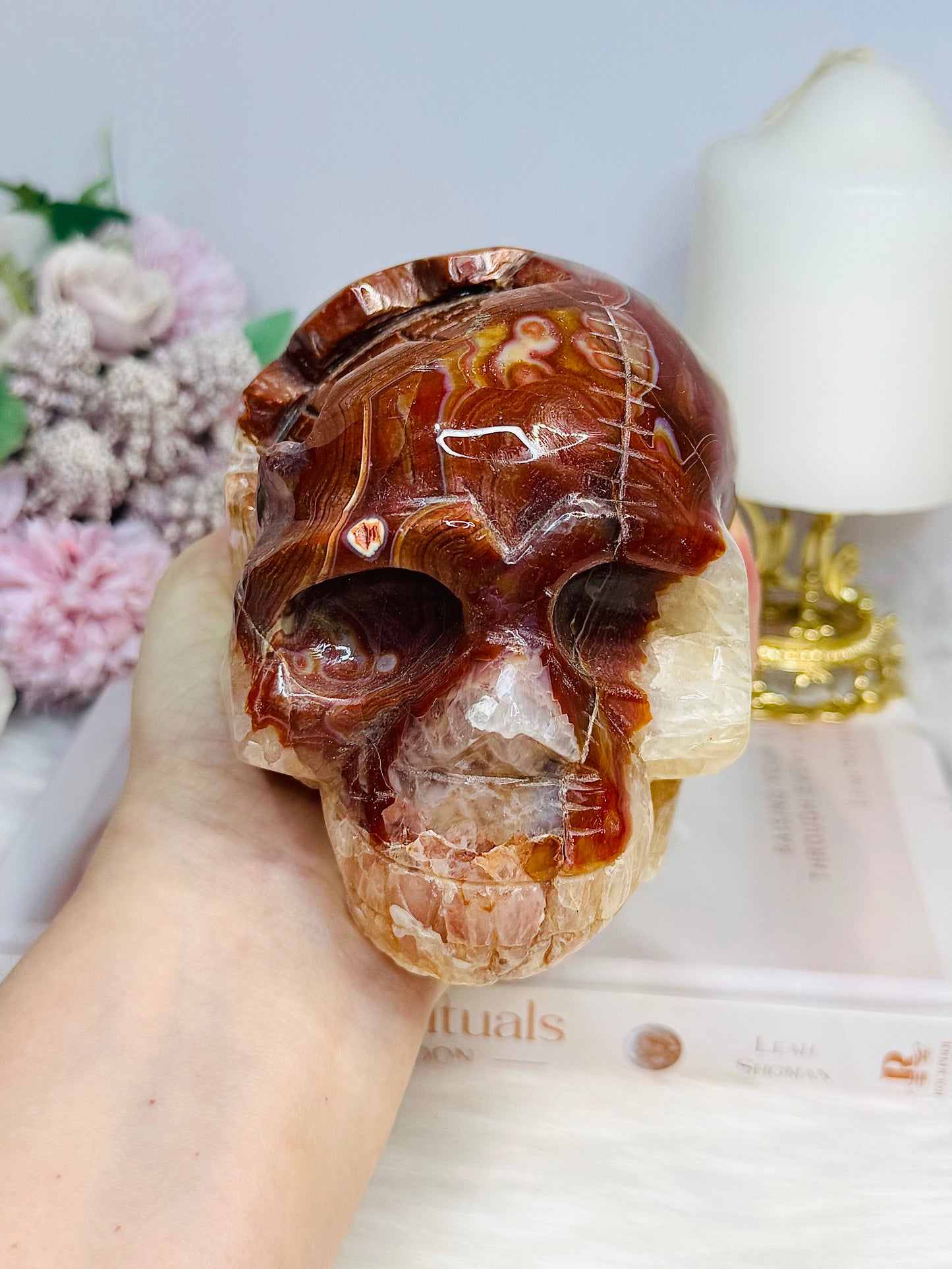 Large Carnelian Carved Skull 1.2KG 12.5cm ~ Discounted as it does not stand straight and needs the stand under the side to keep it up