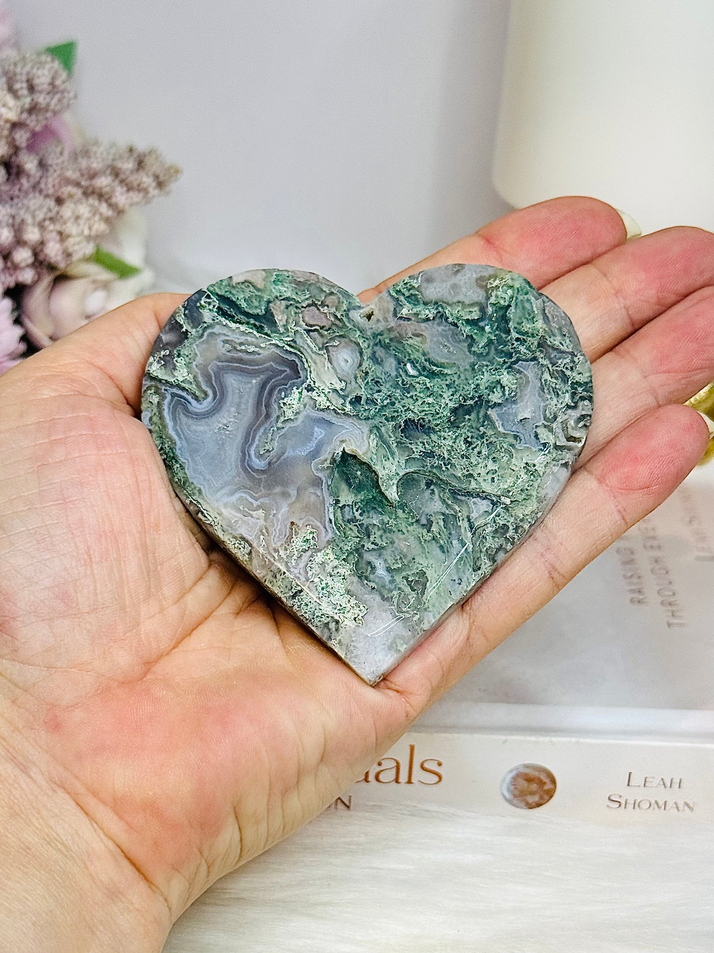 Moss Agate Carved Heart on Stand 8cm