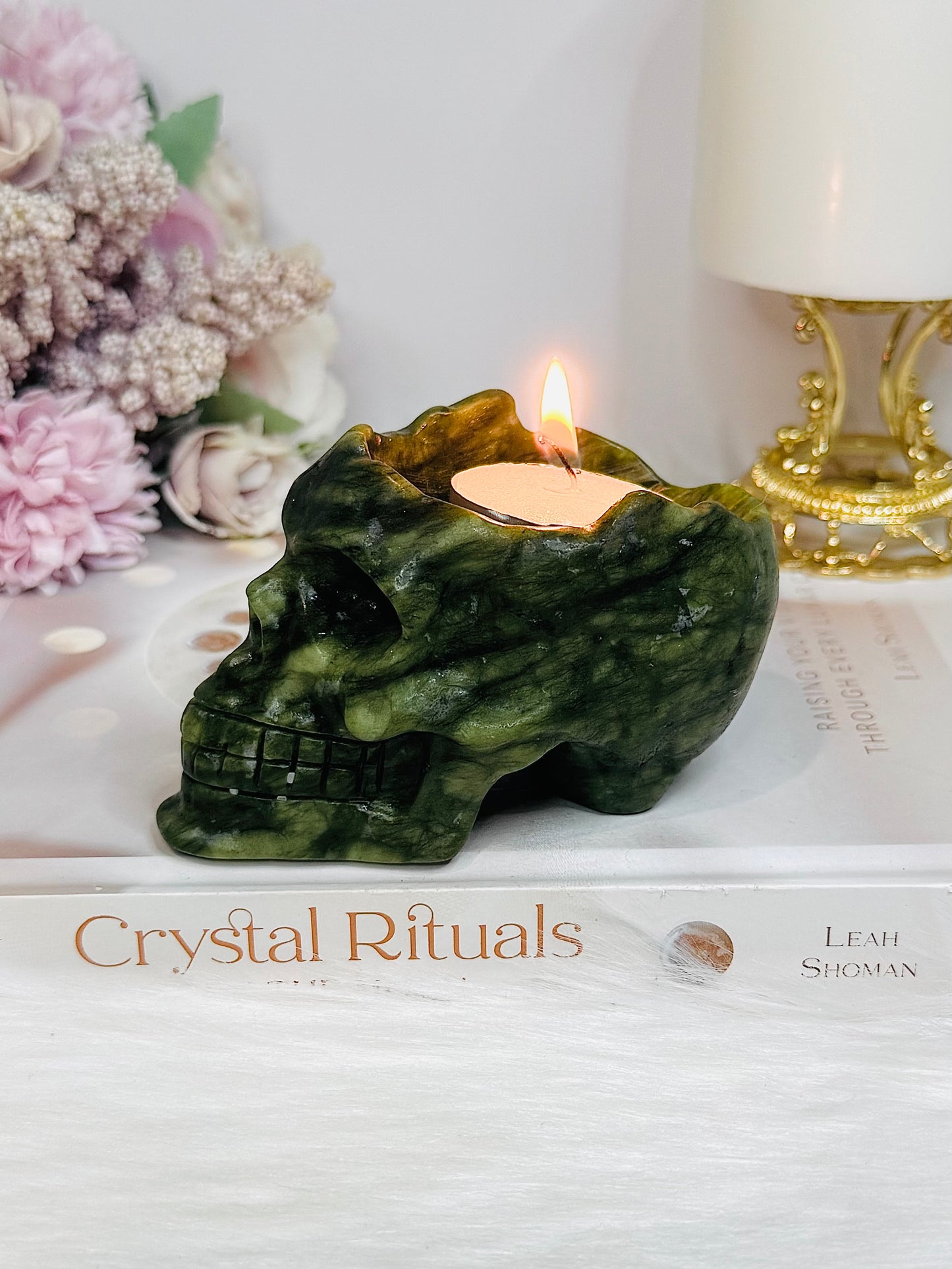 Green Jade Candle Holder Skull 391g
