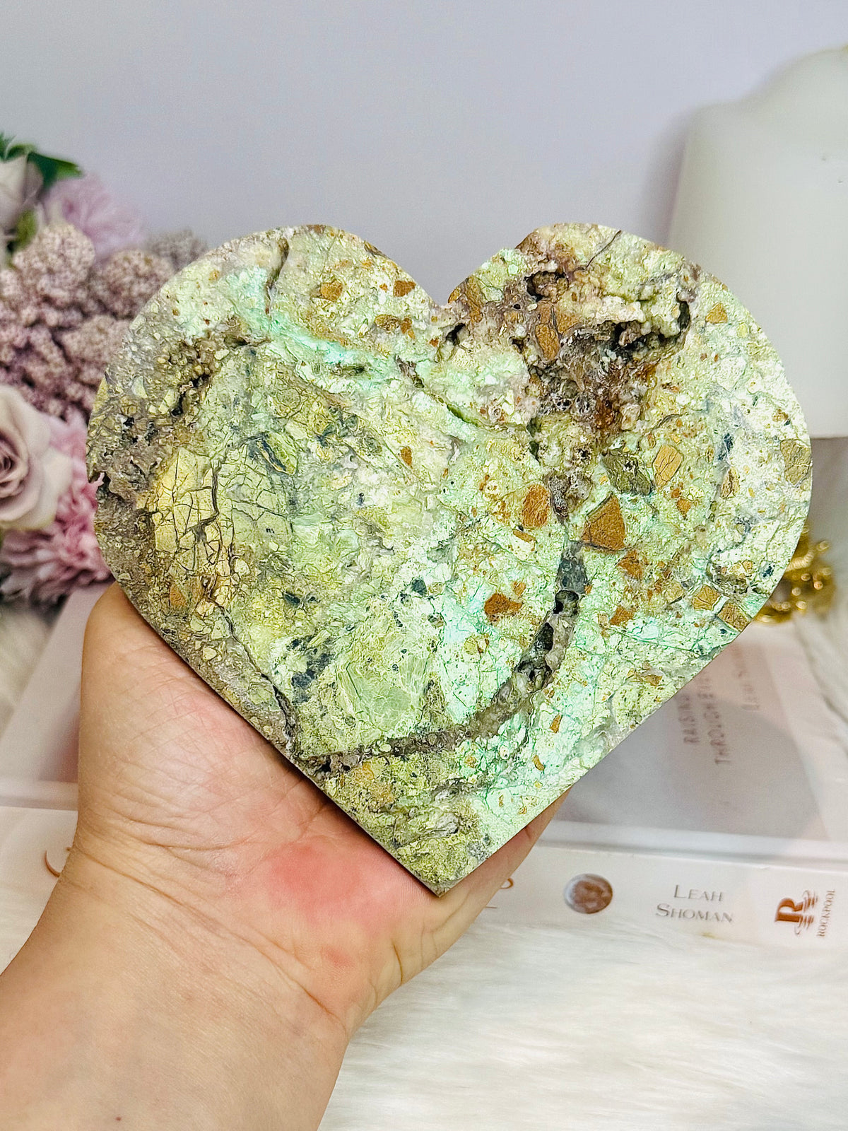 Large Natural Variscite Druzy Carved Heart on Stand 12cm
