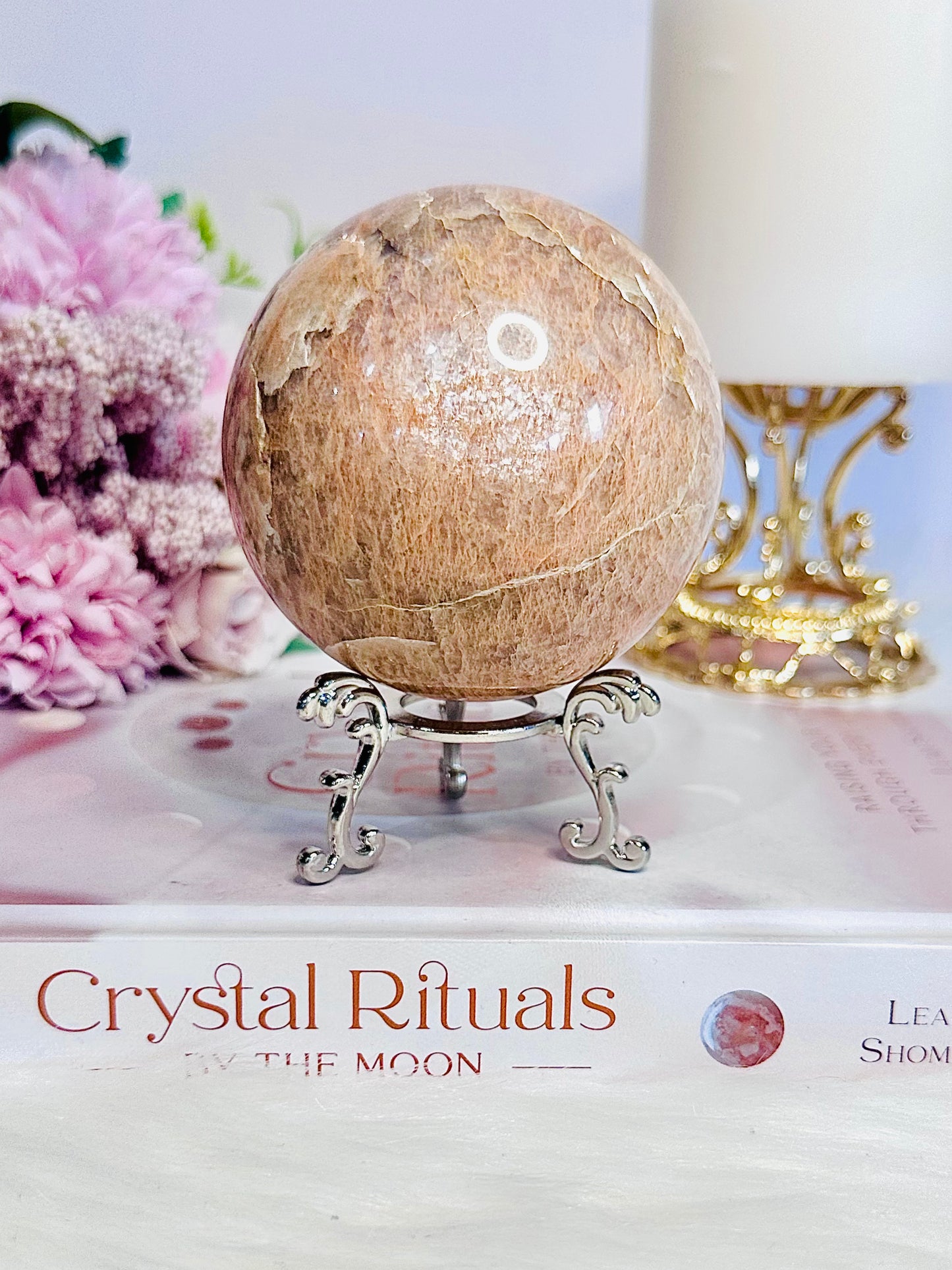 Gorgeous Large 478gram Peach Moonstone Sphere with Amazing Flash On Stand