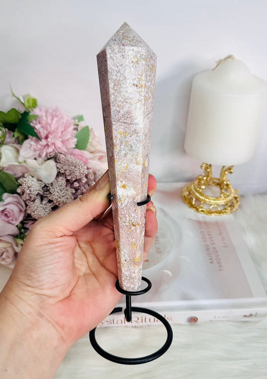 Fabulous Large 18.5cm Druzy Pink Agate Carved Wand on Stand