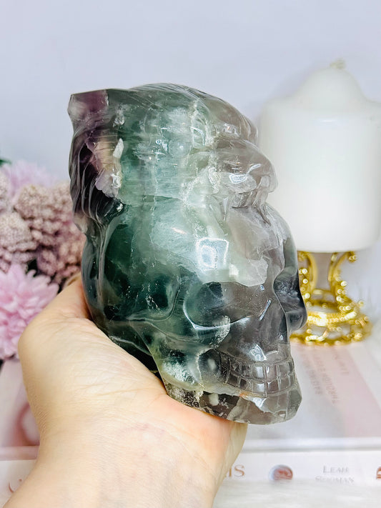 Large Fluorite Carved Skull with Bear Head 1.68KG