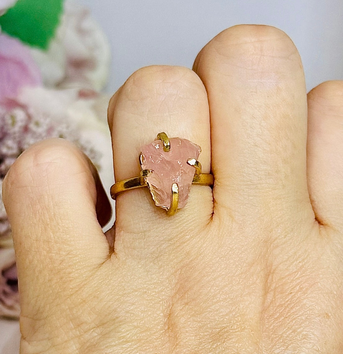 Natural Rose Quartz Gold Plated Adjustable Ring From Brazil ~ In Gift Bag