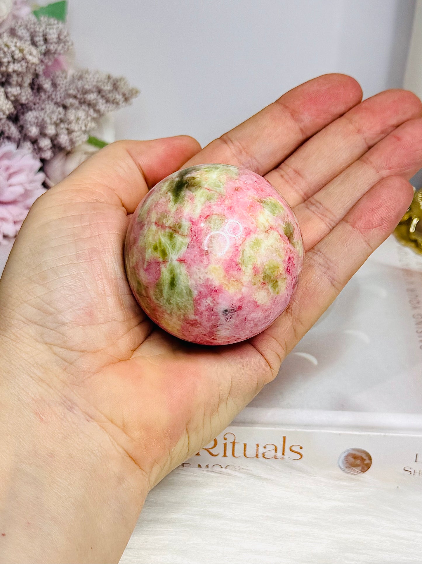 Thulite Sphere with Epidote 197g