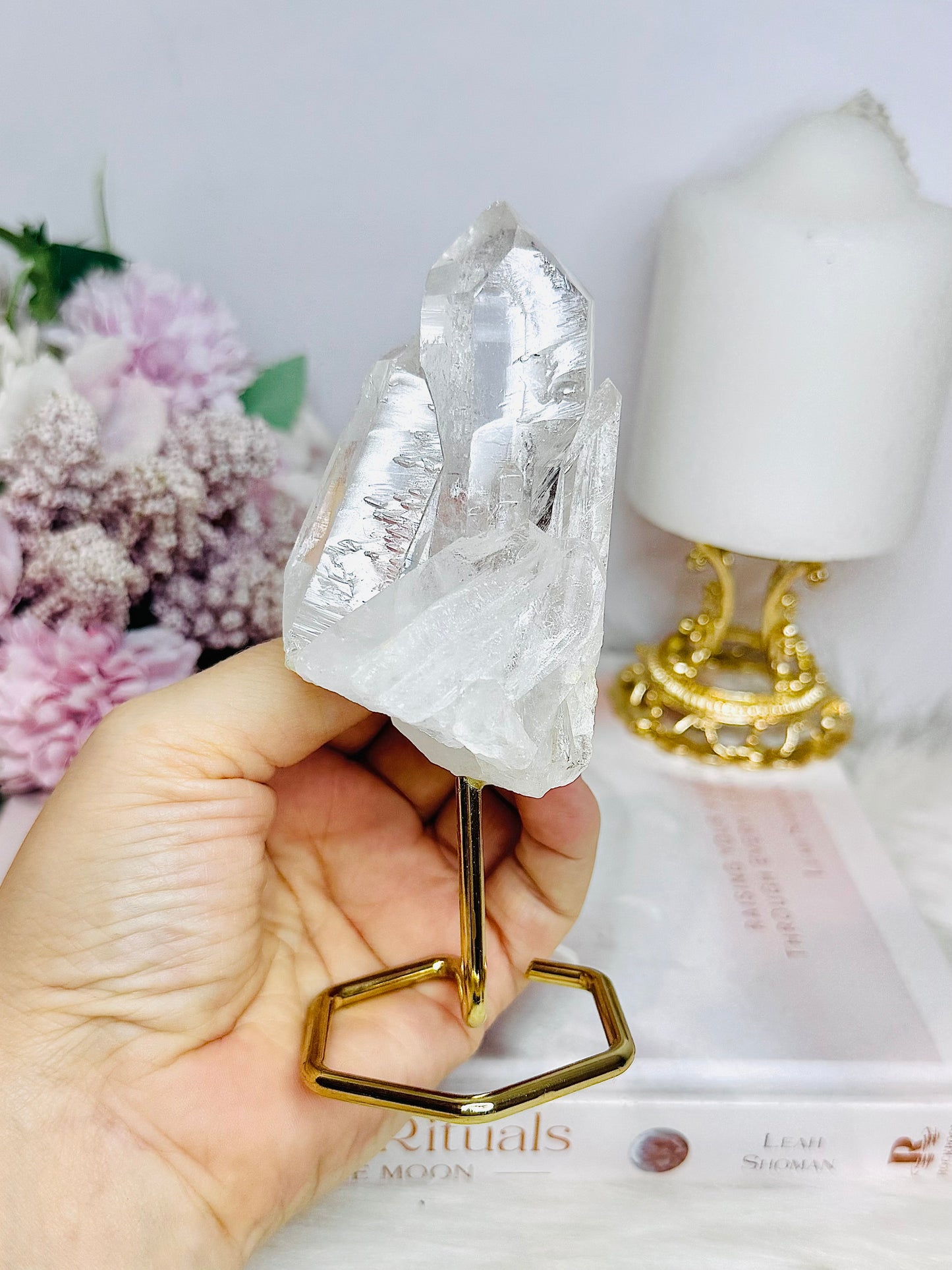 Clear Quartz Cluster on Gold Stand 13cm