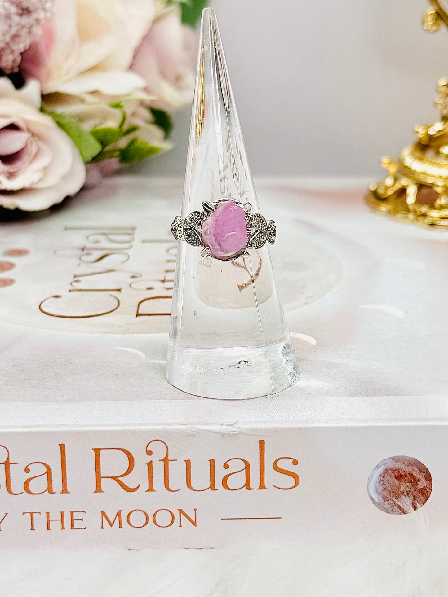 Raw Natural Kunzite Adjustable Silver Ring in Gift Bag