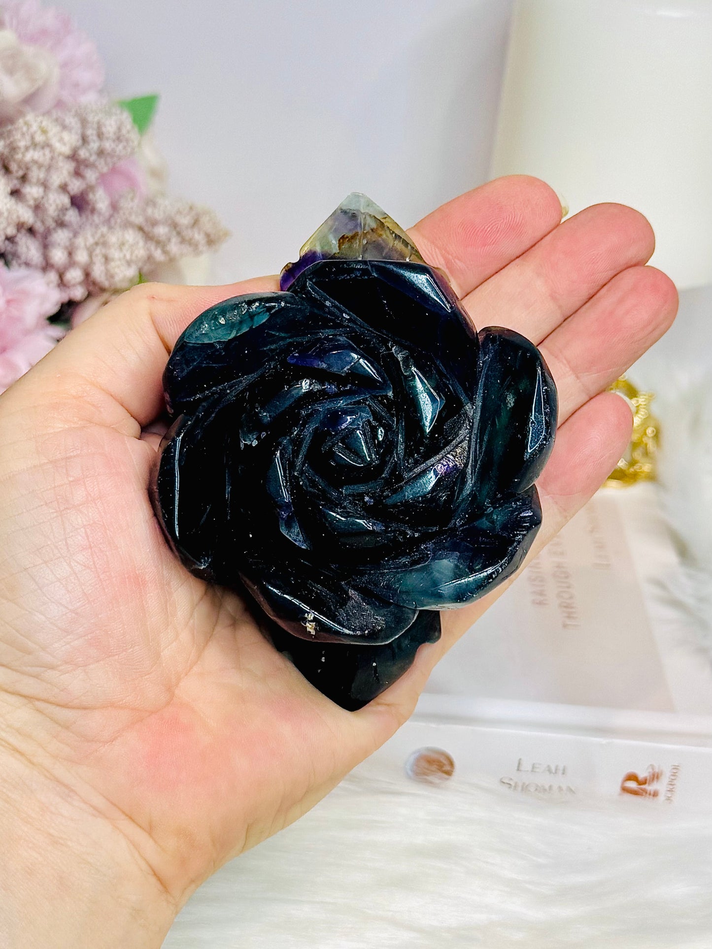 Fluorite Carved Flower On Stand 10cm 277g