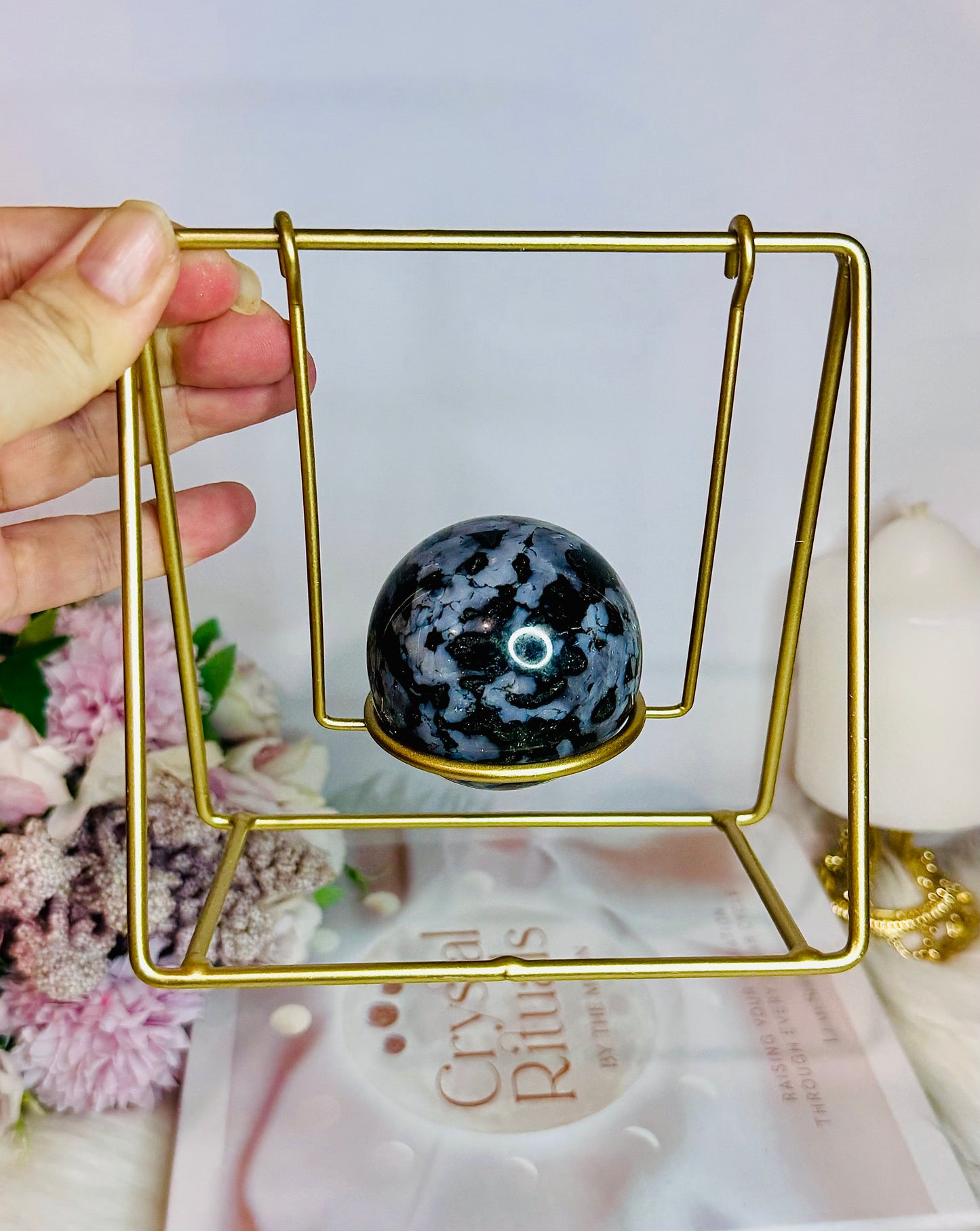 Beautiful Indigo Gabbro Natural Sphere on Gold Swing Stand 400grams