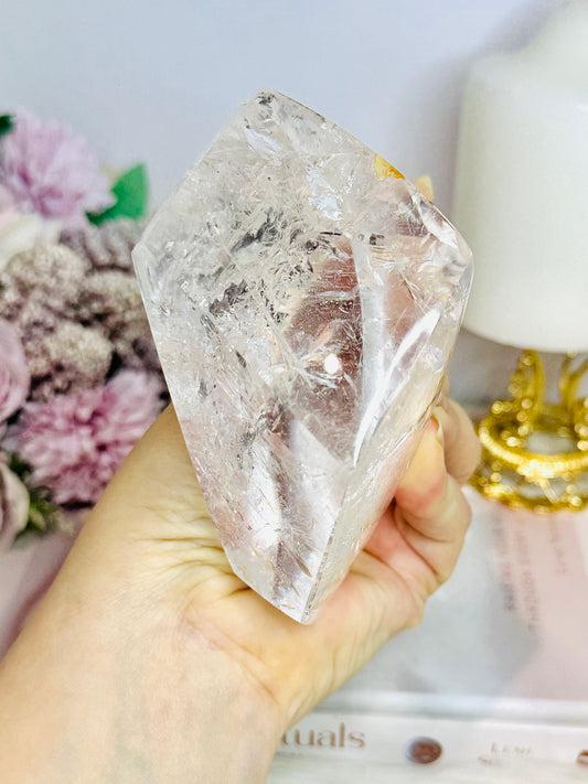Large High Grade Clear Quartz Polished Freeform with Rainbows 346g