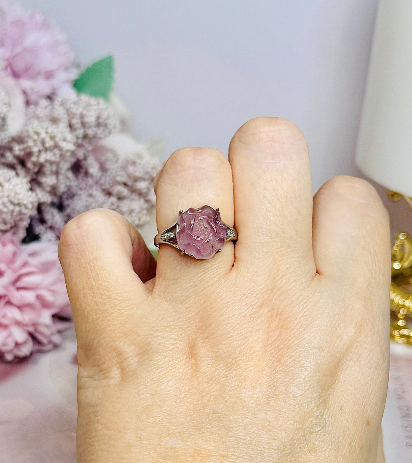 Purple Fluorite Rose Carved Adjustable Ring in Gift Bag