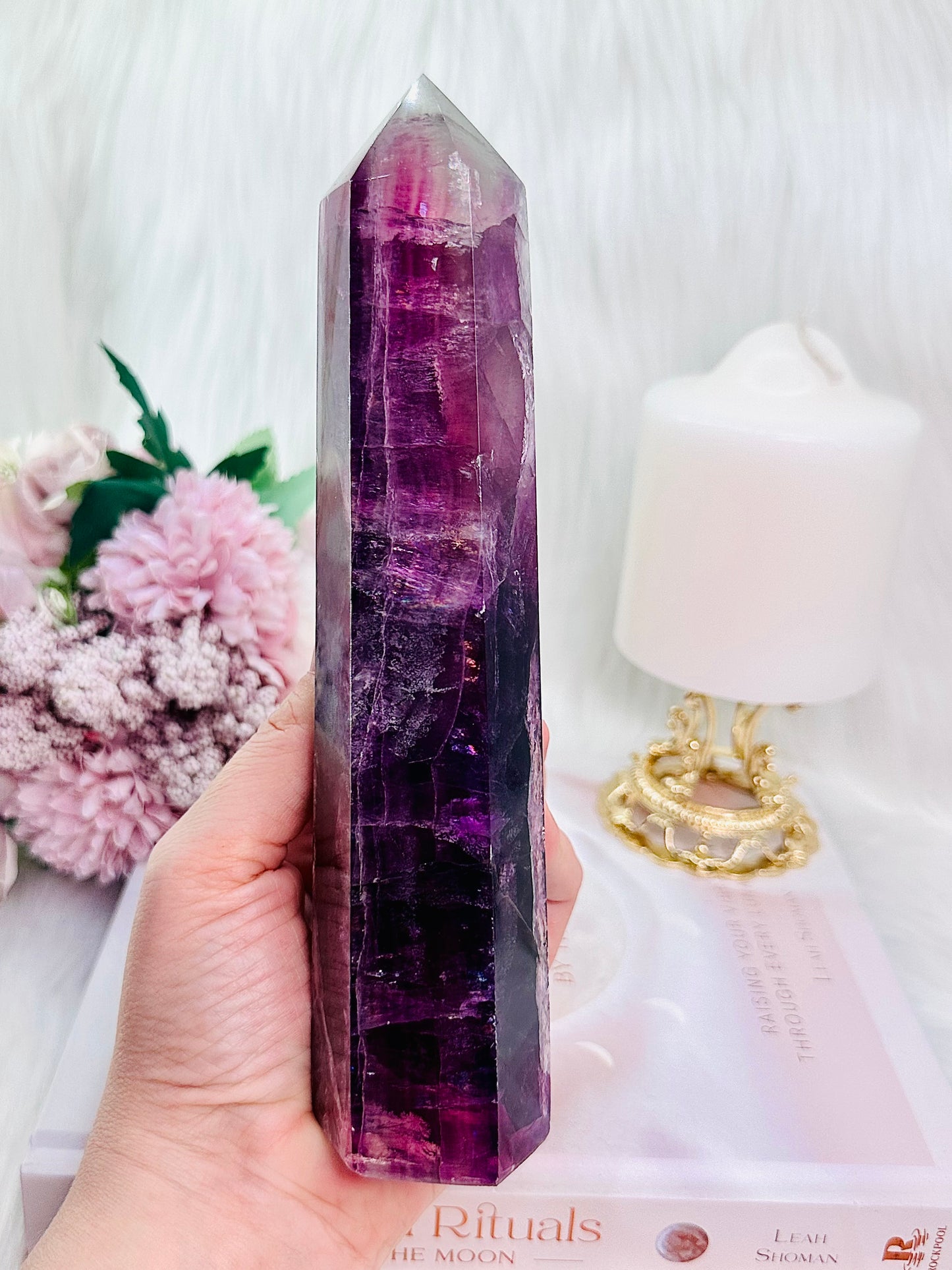 Fabulous Large 20cm Stunning Purple Fluorite Tower with Rainbows (the tower has a slight tilt)