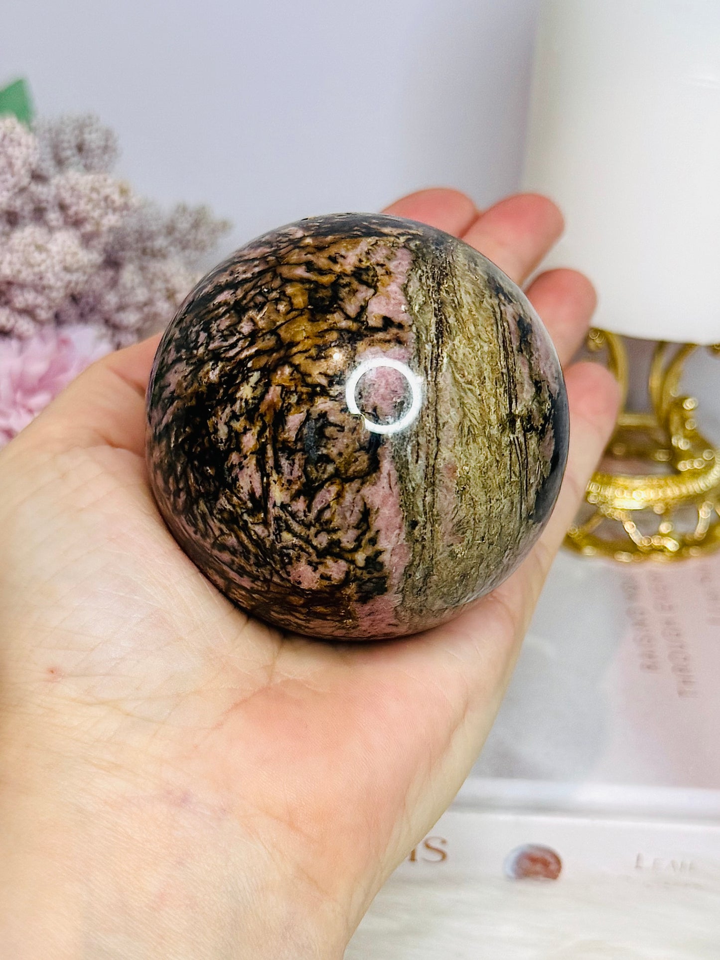 Large Rhodonite Sphere 561g On Stand