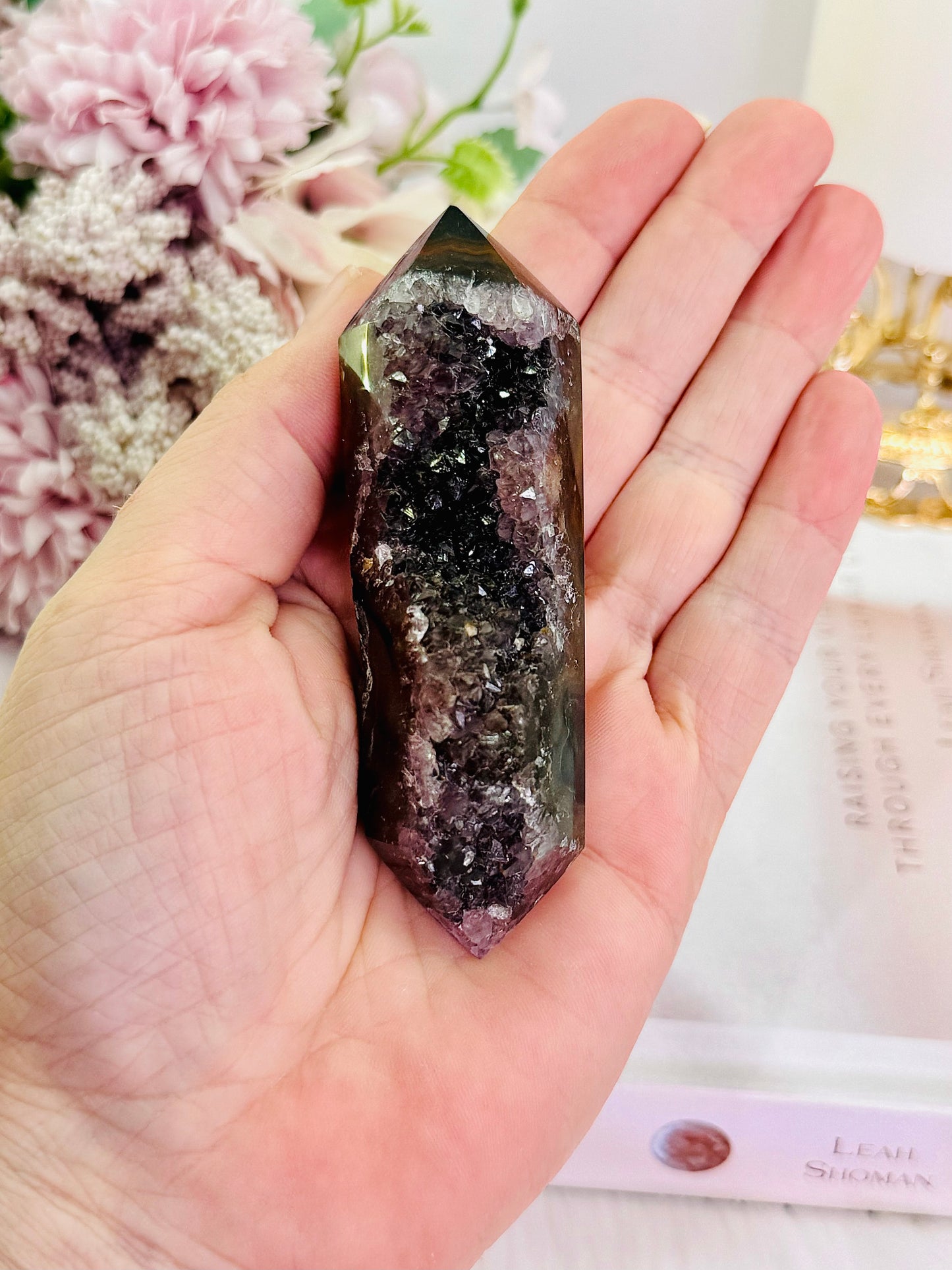 Divine High Grade Druzy Agate Double Terminated Point On Gold Stand 10cm