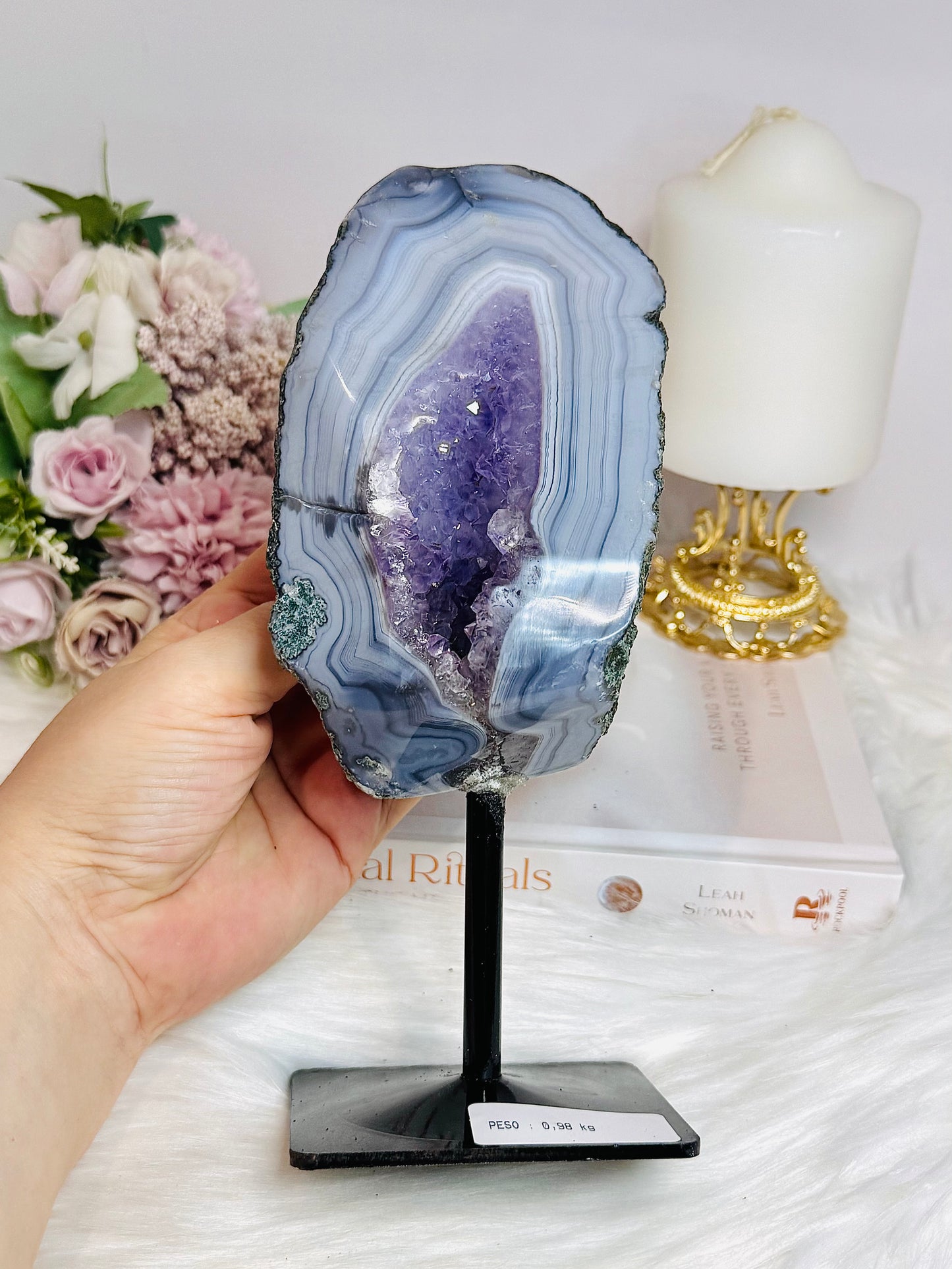 Large Amethyst X Agate Natural Druzy Freeform on Stand 21cm 989g