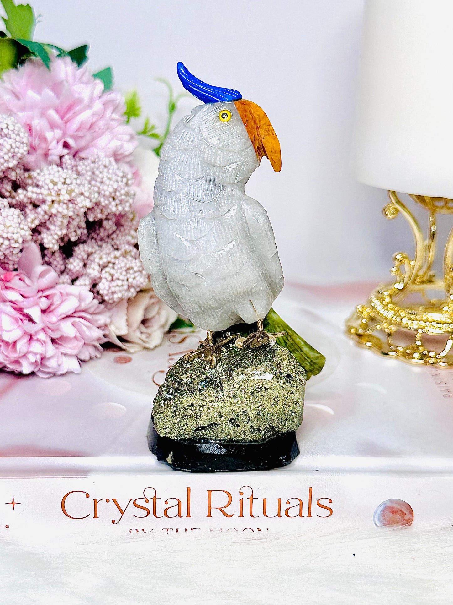 Large 11.5cm Jade Carved Parrot | Bird On Pyrite Stand From Brazil