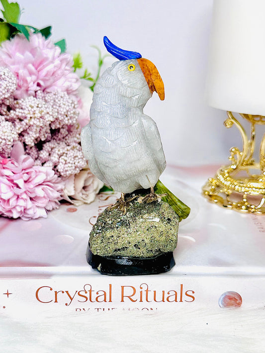 Large 11.5cm Jade Carved Parrot | Bird On Pyrite Stand From Brazil