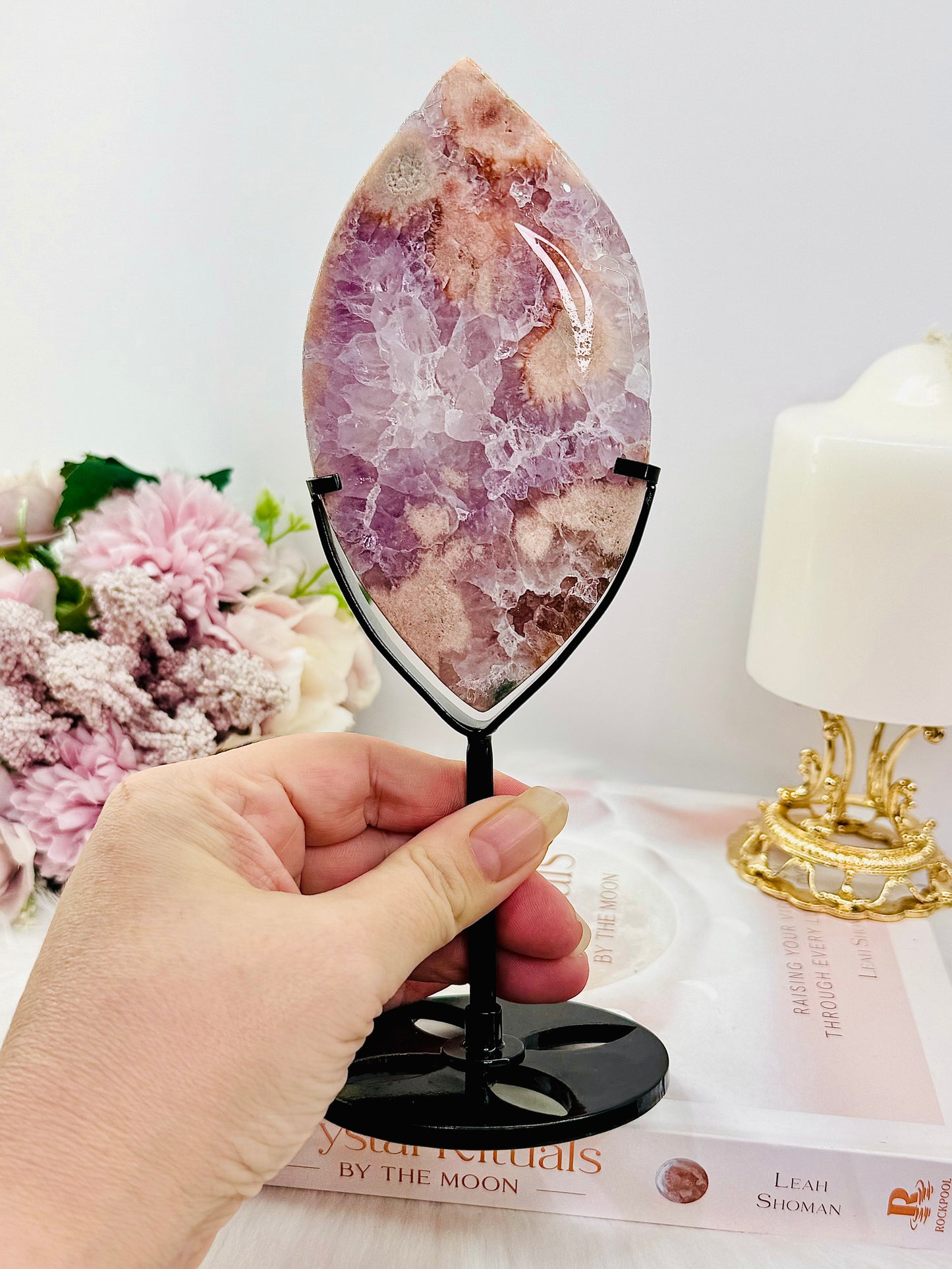 Rare Stunning Large 21cm Pink Amethyst X Flower Agate Freeform on Stand