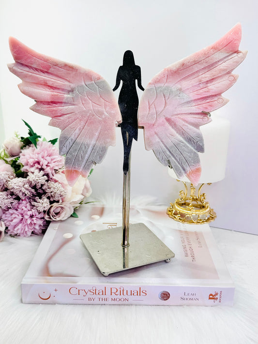 Absolutely Divine Large 24.5cm Stunning Pink Opal Carved Wings On Silver Stand