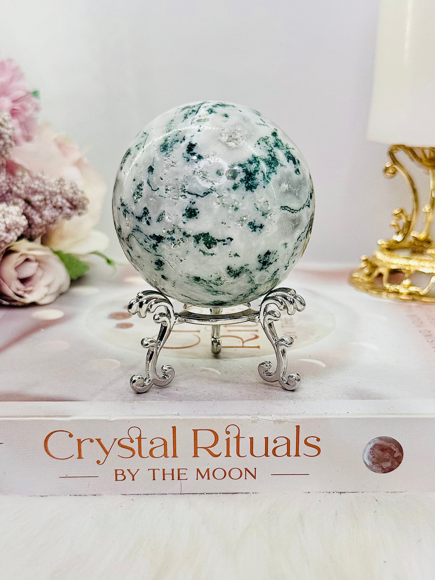 Beautiful Natural 274gram Moss Agate Sphere on Stand with Imperfections