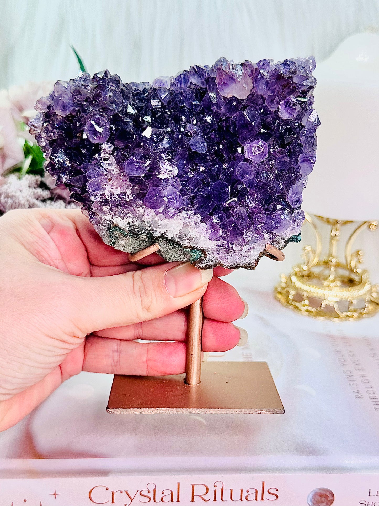 The Most Beautiful High Grade Deep Purple Amethyst Natural Cluster On Rose Gold Stand From Brazil 448grams