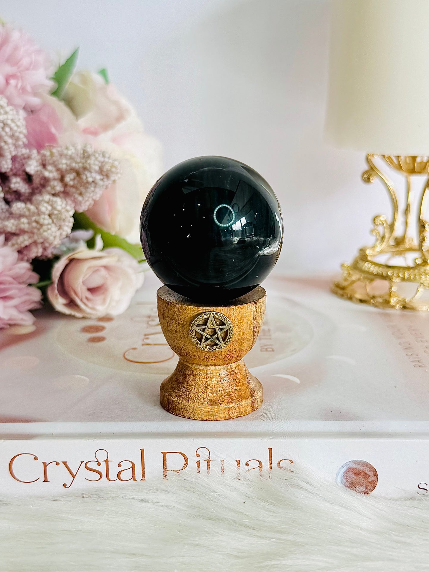 For Protection ~ Black Rainbow Obsidian Sphere on Timber Stand 7cm