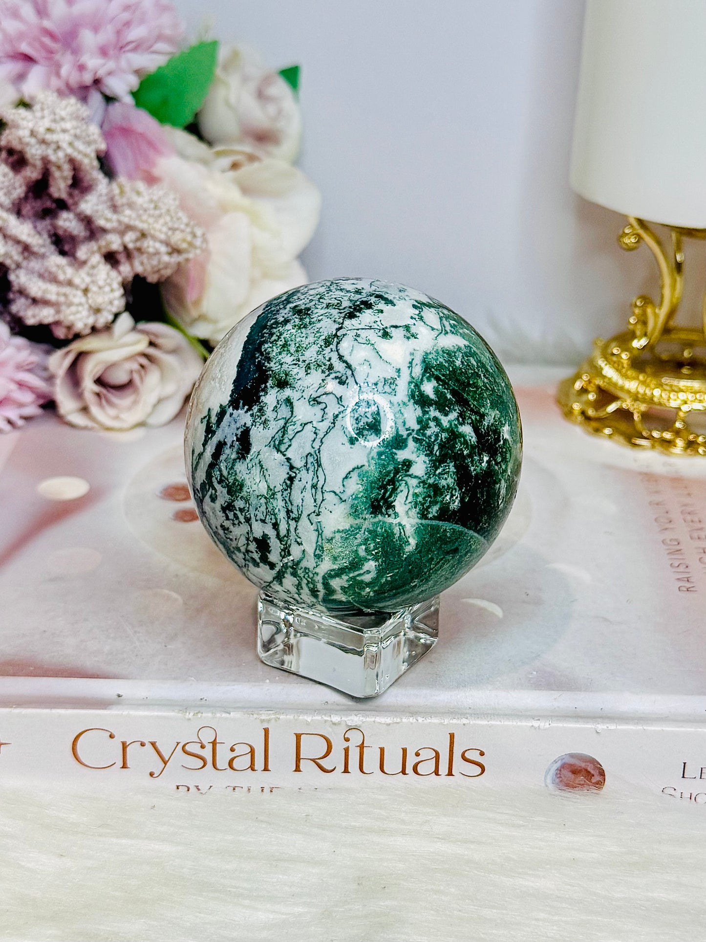 Large Moss Agate Druzy Sphere On Stand 344g
