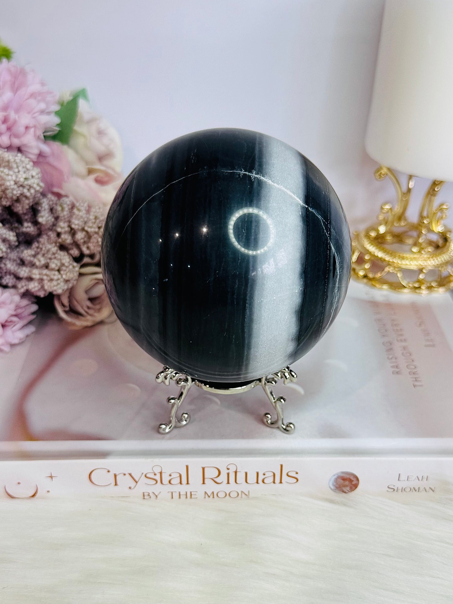 Natural Large Tai Chi Stone (White Quartz & Black Jasper) Sphere On Stand 895grams