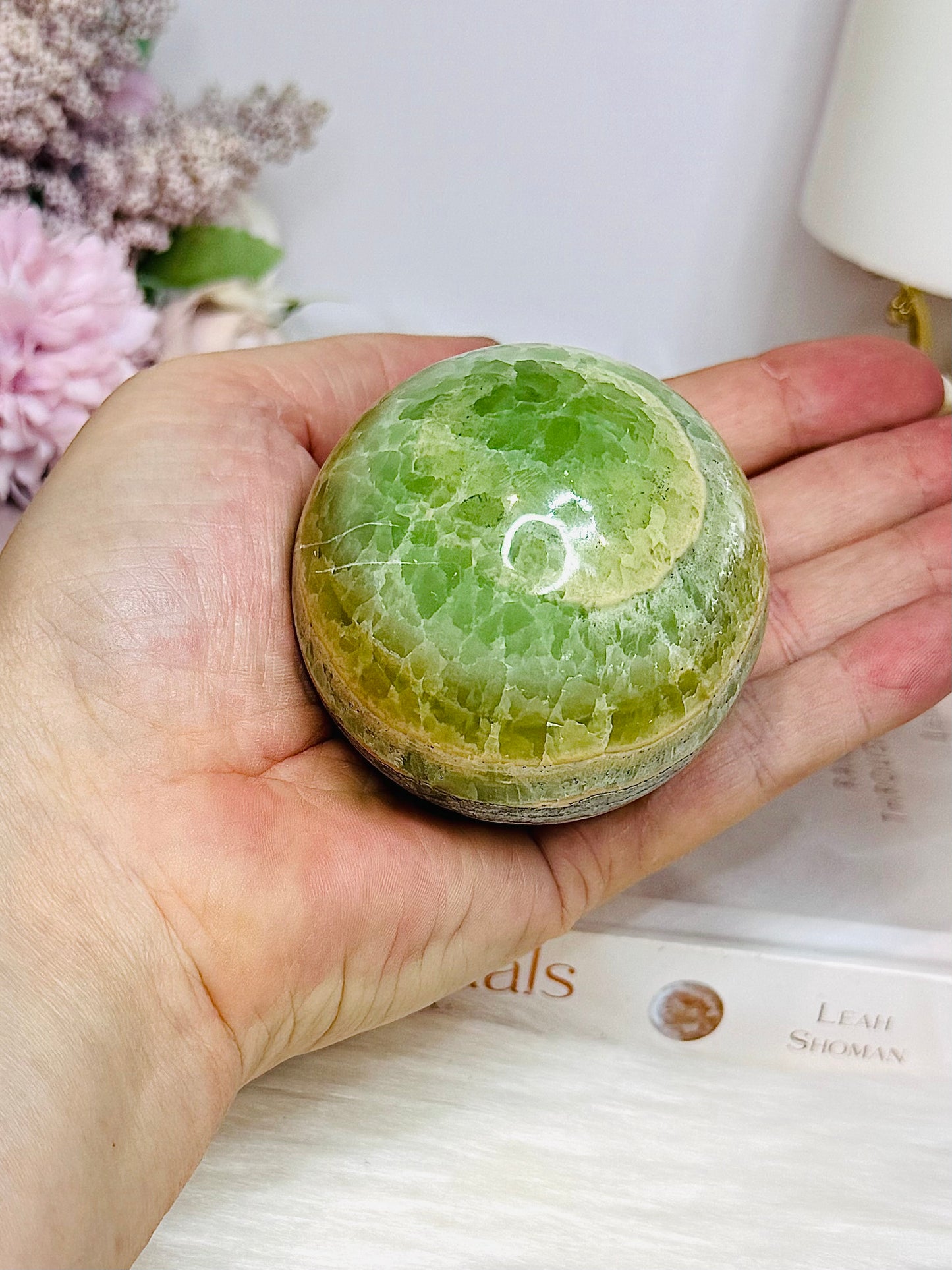 Green Calcite Sphere on Stand 338g