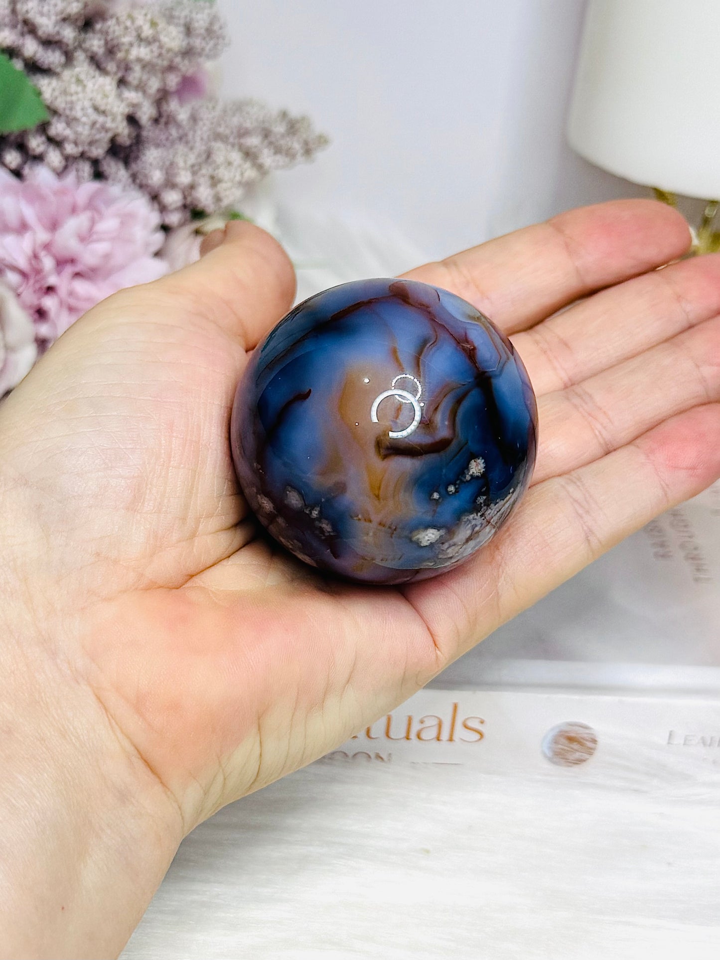 Blue Flower Agate Sphere on Stand 172g