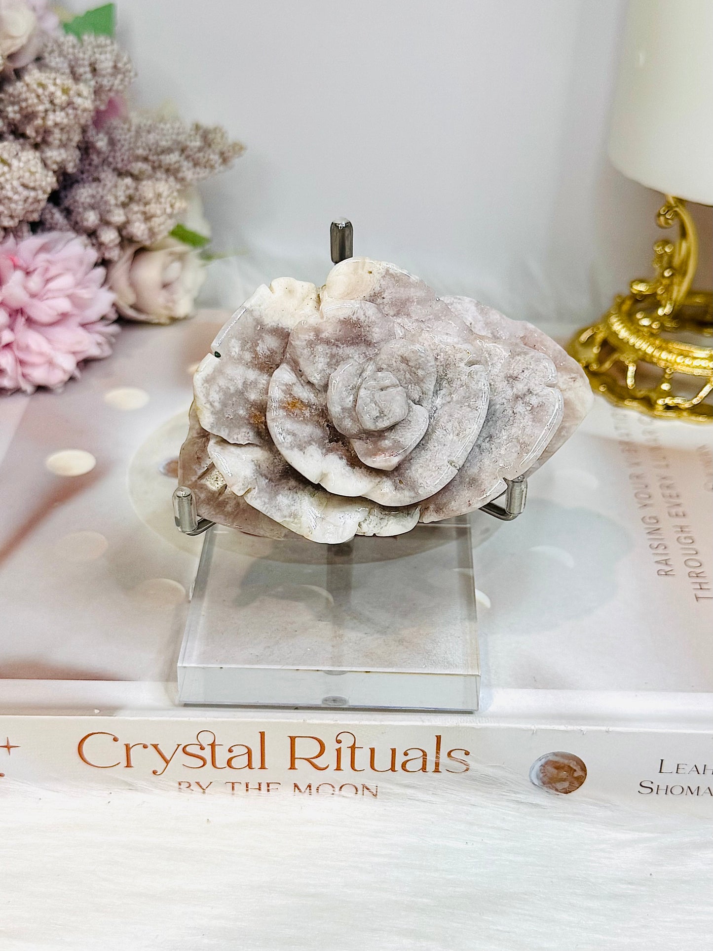 Flower Agate Carved Rose on Stand 8.5cm